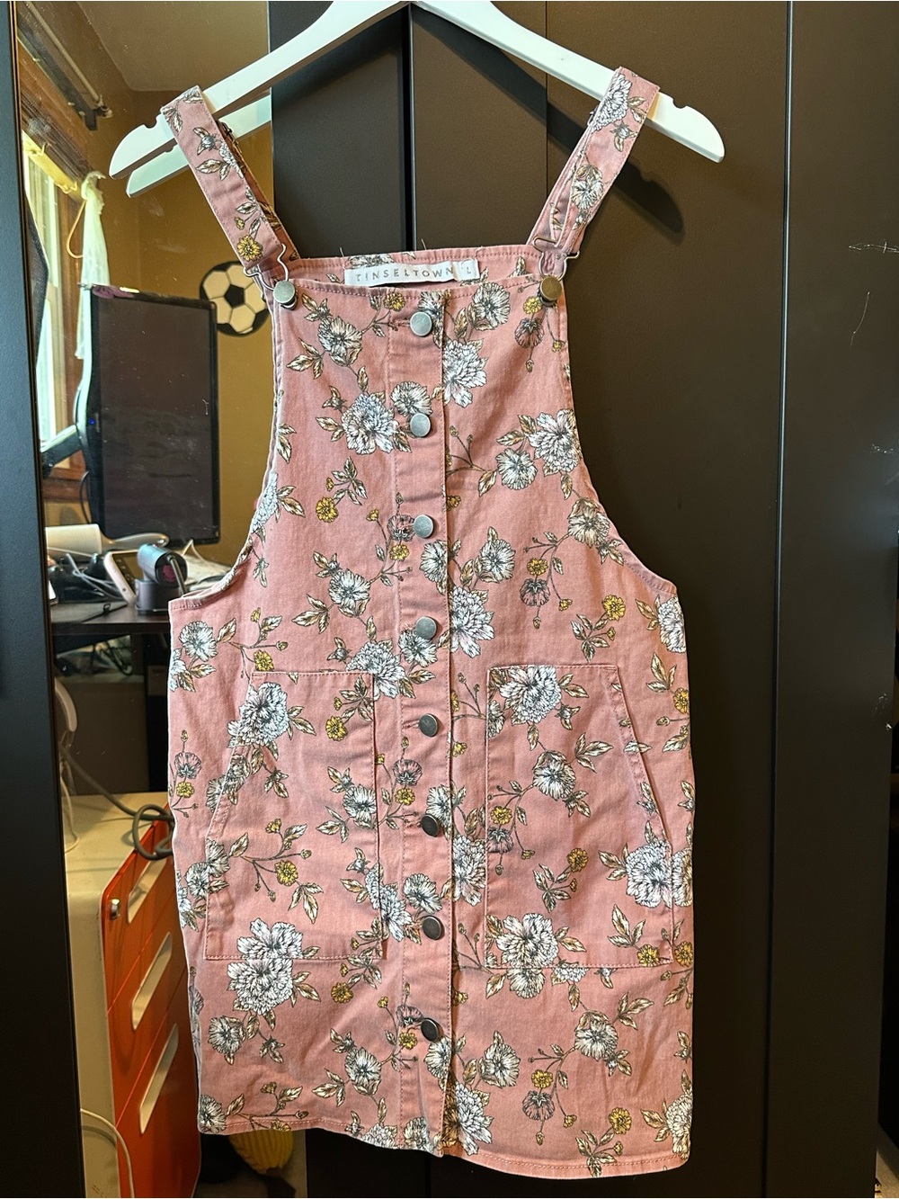 Tinseltown Pink Floral Overall Dress Cotton Button Front Pinafore Mini Dress L